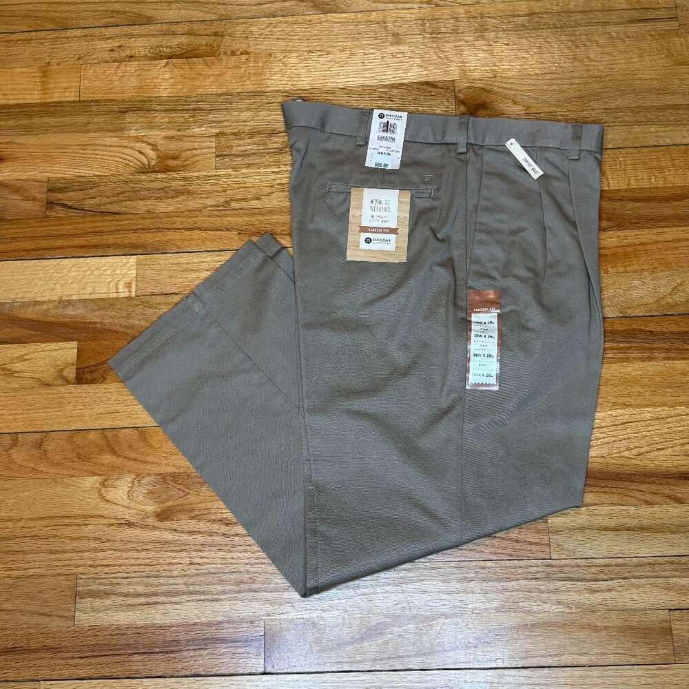 HAGGAR 38 X 29 Classic Fit Pleated Pleat Pants Trousers Khaki New Lead Grey
